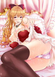 ass black_legwear blonde_hair blush bow breasts cameltoe choker female frilled_pillow frills granblue_fantasy hairbow large_breasts long_hair looking_at_viewer lying nanase_mizuho nipples on_bed on_side panties pillow ponytail purple_eyes saliva skirt skirt_lift smile solo suggestive_fluid sweat thighhighs tongue tongue_out underwear vira_lillie wavy_hair white_panties