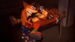 2boys 3d 3d_(artwork) anal anal_sex animated anthro anthro_on_anthro bandicoot belt brother clothing crash_(series) crash_bandicoot crunch_bandicoot duo erection footwear gay gif green_eyes grin half-closed_eyes incest looking_at_viewer lying male male/male male_only mammal marsupial muscular muscular_male nude ololoshalol on_back penetration penis robotic_arm sex shoes shorts size_difference small_dom_big_sub smile spread_legs spreading video_games weights yaoi