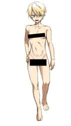 1boy absurdres androgynous annoyed bar_censor bishounen blonde_hair censored completely_nude eyeliner full_body hand_on_own_hip high_school_boy highres hong_il-tak makeup male male_focus male_with_breasts nude open_mouth otoko_no_ko parkgee red_eyeliner red_eyes sanpaku short_hair simple_background solo white_background