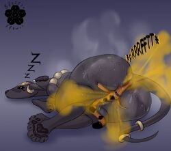 absurd_res ass big_butt blossonflower bodily_fluids canid canine canis domestic_dog duo fart fart_fetish female feral feral_on_feral heba_(blossonflower) hi_res huge_butt mammal onomatopoeia pawpads paws sleeping sound_effects steam sweat sweaty_butt text