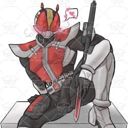 1boy armor armored_male belt blush blushing_through_mask bodysuit bodysuit_bulge erect_penis erection erection_under_bodysuit heart heart_symbol heavy_breathing helmet kamen_rider kamen_rider_den-o kamen_rider_den-o_(series) knee_up leaning_back leaning_on_hand leg_up legs_apart legs_spread male male_focus male_only mask masked masked_male masked_only mmmaao momotaros no_visible_face on_surface pixiv_id presenting red_armor red_eyes solo speech_bubble sword watermark weapon