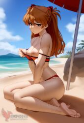 1girls 2d ai_female ai_generated areolae ass asuka_langley_sohryu back bare_shoulders beach big_ass bikini bikini_pull bikini_top blue_eyes day erophoenix female female_focus full_body long_hair looking_at_viewer neon_genesis_evangelion ocean orange_hair outdoors pale_skin pale_skinned_female patreon_username red_bikini sky small_breasts solo swimsuit thick thick_thighs uncensored