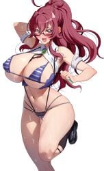 absurdres ahoge akihiro0920 antenna_hair aqua_eyes bikini border breasts cleavage clothes_lift collarbone collared_shirt commentary_request female glasses green_eyes hair_between_eyes highres kimi_no_koto_ga_dai_dai_dai_dai_daisuki_na_100-nin_no_kanojo large_breasts large_variant_set long_hair mole mole_on_breast navel open_mouth ponytail purple_bikini red_hair shirt shirt_lift sidelocks simple_background solo standing standing_on_one_leg striped_bikini striped_clothes swimsuit variant_set white_background white_shirt yakuzen_kusuri yakuzen_kusuri_(older)