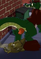 after_vore bone bones_in_scat crocodilian dialogue disposal equid equine excessive_feces feces filthivore gaped_anus hi_res hyper hyper_feces hyracotherium kaprosuchus kieron_the_kaprosuchus male mammal prolapse public public_exposure reptile scalie scat vore