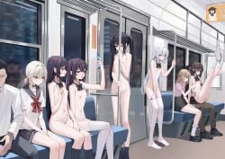 2boys 6+girls absurdres ass black_bow black_bowtie black_hair black_skirt black_socks blonde_hair bow bowtie breasts cellphone commentary_request completely_nude exhibitionism faceless faceless_male highres holding holding_phone kneehighs long_hair multiple_boys multiple_girls navel nipples nude original paid_reward_available phone pleated_skirt public_indecency school_uniform serafuku sex_toy sitting skirt small_breasts smartphone socks thighhighs train_interior v vibrator vibrator_in_thighhighs white_socks white_thighhighs xiao_lin_jiu