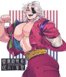 amputated_arm amputee bandages bara big_pecs cleavage demon_slayer earrings eye_patch fangs hair_down huge_pecs japanese_clothes kimetsu_no_yaiba kimono kyu_717 long_hair_male male male_only muscular muscular_male open_mouth pecs pectoral_cleavage pink_eyes smile solo uzui_tengen white_hair