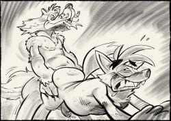 2025 anthro ass balls big_butt blush boss_(twende) butt_grab canid canine canis duo genitals hand_on_butt hi_res hyena male male/male mammal nipples nondelismell penis sex twende_(series) wolf