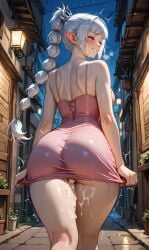 1girls after_sex ai_generated alley back_view baldur's_gate_3 bangs big_ass blush braid closed_eyes cum_drip cum_in_pussy cum_on_face cum_on_legs dress dungeons_and_dragons elf forgotten_realms motion_lines nervous_smile night pointy_ears pussy_peek saliva shadowheart skirt_tug solo_female spaghetti_strap sweat thick_thighs twitching walking white_hair
