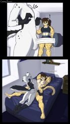 absurd_res ambiguous_penetration anthro arched_back ass balls bed bedroom bodily_fluids breasts cammyjazz canid canine caught_in_the_act cheetah comic cum cum_in_pussy cum_inside dialogue duo english_text feet felid feline female fox from_front_position fur furniture genital_fluids genitals grin hands_behind_head hi_res humanoid_feet lying male male/female mammal marble_fox markings missionary_position multicolored_body multicolored_fur muscular muscular_female nipples nude on_back orgasm orgasm_face penetrable_sex_toy penetration penis plantigrade red_fox sex sex_toy smile smug soles spots spotted_body spread_legs spreading surprise tail text true_fox vein white_body white_fur window yellow_body yellow_fur
