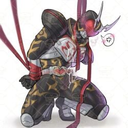1boy after_orgasm anger_symbol angry angry_blush armor armored_male arms_behind_back belt black_armor blush blush_lines blushing_through_mask bodily_fluids bodysuit bodysuit_bulge cum cum_on_body cum_through_bodysuit erect_penis erection erection_under_bodysuit hajime_aikawa hands_behind_back head_down heart heart_visor heavy_blush heavy_breathing helmet kamen_rider kamen_rider_blade_(series) kamen_rider_chalice male male_focus male_only mask masked masked_male masked_only mmmaao no_visible_face orgasm pixiv_id restrained restrained_arms ribbon ribbon_around_neck ribbon_bondage ribbons solo speech_bubble squat squatting watermark
