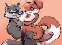 2018 anthro anthro_on_anthro areola auntie_vixen bedroom_eyes big_breasts big_penis bite breasts canine duo erection female fox half-closed_eyes hot_dogging huge_breasts joelasko male mammal nipples nudge penis seductive size_difference straight surprise thick_thighs wolf