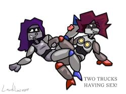 2girls female lewdlacey meme purple_hair red_hair robot robot_girl robot_humanoid scissoring screen_face tagme truck_(vehicle) visor white_background white_eyes yuri
