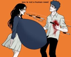 1boy 1girls 1woman artist_request black_hair blood_stain breasts enormous_breasts enormous_tits female giant_breasts giant_tits hyper_breasts hyper_tits knife knives male meme skirt stabbed tagme text