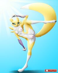 anthro bandai_namco black_sclera blue_eyes body_hair breasts canid canine clitoral_hood clitoris digimon digimon_(species) dizzyvixen female flexible fluffy fluffy_chest fluffy_tail fox genitals happy_trail hi_res kick mammal nipples paws pinup pose pussy renamon small_breasts solo tail