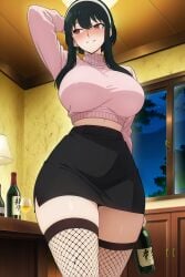 1girls ai_generated big_ass big_breasts bottle cheating cheating_wife drunk mature_female miniskirt netorare ntr room smile solo_female spy_x_family standing wife yor_briar zadbhell