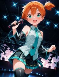 2025 4kids_entertainment ai_generated anime blue_hairband cosplay cosplayer deviantart elryusam female green_eyes hatsune_miku hatsune_miku_(cosplay) holding_microphone kasumi_(pokemon) meta nintendo not_porn open_mouth orange_cheeks orange_eyebrows orange_hair_female pokemon singing stage vocaloid