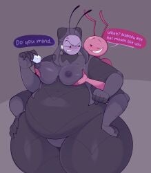 2boys 4_arms ants bari_(dozighost) big_breasts blush breasts dialogue dozighost male male_only males males_only manboobs moobs mr._spood_(dozighost) multi_arm multi_limb oc original original_characters overweight overweight_male tagme text thick_thighs wide_hips