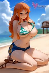 1girls 2d ai_female ai_generated areolae ass back bare_shoulders beach big_ass big_breasts bikini bikini_pull bikini_top blue_bikini blue_eyes clothing day erophoenix female female_focus female_only full_body jewelry long_hair looking_at_viewer nami_(one_piece) ocean one_piece orange_hair outdoors pale_skin pale_skinned_female patreon_username pointy_ears purple_hair shorts shounen_jump sitting sky smile solo swimsuit tan tan_lines thick thick_thighs uncensored