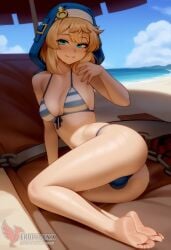 1boy 2d ai_generated ass bangs barefeet big_ass bikini blonde_hair bulge erection erection_under_clothes erophoenix feet full_body green_eyes looking_at_viewer looking_back male male_focus navel nude otoko_no_ko pale_skinned_male patreon_username penis sitting smile soles solo solo_male sweat swimsuit thick thick_thighs toes uncensored