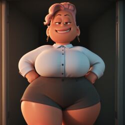 ai ai_assisted ai_generated bbw brown_skin chubby_female curvy disney fat female female_focus female_only hand_on_hips huge_breasts jayren looking_at_viewer mature mature_female milf obese overweight overweight_female pixar shirt shorts smirk solo thick_thighs vanessa_rodriguez win_or_lose_(pixar)