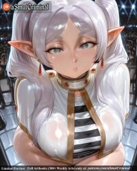 ai_generated asmutcriminal bangs bent_over breasts cleavage covered_nipples dark_elf earrings elf female frieren frieren_beyond_journey's_end green_eyes heart heart-shaped_pupils indoors jewelry long_hair long_pointy_ears looking_at_viewer parted_lips pointy_ears rain see-through silver_hair solo solo_focus stone_floor symbol-shaped_pupils tagme tile_floor tiles twintails wet wet_clothes wet_shirt