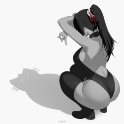 1girls ass ass_focus bleach bleach:_the_thousand-year_blood_war bubble_butt busty cat_shadow_puppet_(meme) crouching curvy curvy_figure dark-skinned_female dark_skin dat_ass feline female female_only leotard long_hair meme ponytail shadow shadow_puppet shihouin_yoruichi solo stayaliveplz