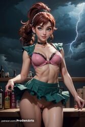 1girls ai_generated alcohol artist_name bar_\\\\(place\\\\) beer_bottle bishoujo_senshi_sailor_moon black_choker bottle bow_bra bra breasts brown_hair choker clothes_lift cloud earrings green_eyes green_skirt heart_choker hi_res jewelry lifted_by_self lightning lips long_hair looking_at_viewer makoto_kino medium_breasts miniskirt mole_on_breast navel night no_panties patreon_username pink_bra pleated_skirt ponytail progenarts pussy sailor_jupiter skirt skirt_lift smile solo standing uncensored underwear web_address