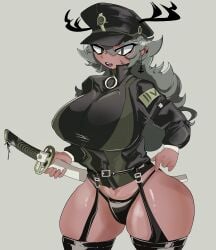 1girls 2024 antlers aschazm belt big_breasts big_thighs black_hat black_panties black_sleeves black_thighhighs black_topwear black_underwear bottomless breasts deer_girl earrings eyebrows female female_only garter_straps green_eyes green_hair green_topwear hat holding_weapon katana kemonomimi long_hair long_sleeves no_pants olivany_"lili"_gillian open_mouth panties roblox roblox_avatar robloxian simple_background sleeves solid_color_background solo standing tan-skinned_female tan_skin thick_thighs thighhighs thighs two_tone_clothing weapon