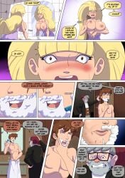 aged_up annon bare_chest big_breasts breasts comic comic_page dipper_pines exposed_breasts female fondling fondling_breast gravity_falls grunkle_stan male nipples pacifica_northwest page_9 shaving shaving_cream stanley_pines towel towel_around_waist towel_only