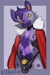 anthro canid canine clothed clothing coat curvy_figure digital_media_(artwork) fur genitals hi_res hyena korsia looking_at_viewer male mammal penis penis_poking_out powerfluffys purple_body purple_fur red_clothing red_coat red_topwear simple_background smile solo squinted_eyes thick_thighs topwear voluptuous wide_hips