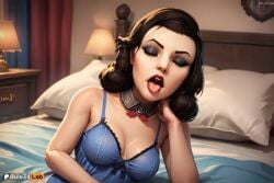 1girls ai_generated artist_name bare_shoulders bed bedroom bioshock bioshock_infinite black_hair breasts brown_hair cleavage closed_eyes curly_hair detached_collar elizabeth_comstock eyelashes eyeshadow female hi_res indoors lamp lingerie lips lipstick lying makeup medium_breasts nose on_bed open_mouth pillow rule34lab solo teeth tongue tongue_out underwear upper_body upper_teeth_only watermark