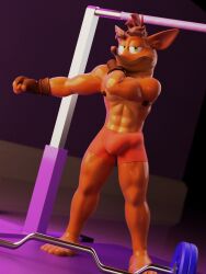 1boy 2025 3d abs anthro bandicoot bulge crash_(series) crash_bandicoot fingerless_gloves green_eyes looking_at_viewer male male_only marsupial muscular nipples oiled onehundredandone puffy_nipples red_underwear solo underwear