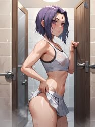 ai_generated bathroom blush blushing_at_viewer female femboy femboy_focus femboy_only flushed pale_skin peeping raven_(dc) see-through_clothing shiny_skin shower skirt skirt_lift smooth_skin sports_bra spying steam steaming_body sweat sweaty_body taking_clothes_off teen_titans tennis_uniform undressing