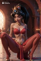 1girls ai_generated aladdin aladdin_(1992_disney_film) artist_name bandeau bare_shoulders black_hair breasts cleavage closed_eyes collarbone dark-skinned_female dark_skin earrings eyeshadow facing_viewer full_body gem hi_res high_heels high_ponytail hoop_earrings indoors jewelry lips lipstick loincloth long_hair makeup medium_breasts nail_polish navel necklace pantyhose parted_lips pelvic_curtain ponytail princess_jasmine r34arts red_lips red_nails solo spread_legs squatting stomach stone_floor strapless sweat tiara
