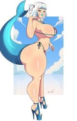 alternate_breast_size big_ass bikini bikini_top bimbo bimbo_body bimbo_lips bimbofication gawr_gura high_heels hololive hololive_english hololive_myth jose12mexico large_breasts milf nail_polish simple_background virtual_youtuber vtuber white_body white_hair