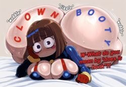 ai_generated ass_focus big_breasts big_butt bubble_butt caption clown_girl doughy_ass english_text hyper_ass laying_on_bed laying_on_stomach nervous pomni_(the_amazing_digital_circus) self_upload siioh sweat sweaty sweaty_ass sweaty_butt text the_amazing_digital_circus