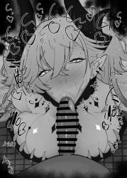 1boy 1girls :>= bare_shoulders big_breasts big_penis black_and_white blush breasts censored dark-skinned_male dark_skin demon demon_girl detailed_background drooling eyelashes fate/grand_order fate_(series) fellatio female heart heart-shaped_pupils horn humanoid indoor inside interracial kurotama lilith_(fate) long_hair looking_at_viewer male male_pov oral oral_sex penis pointy_ears room saliva shiny shiny_skin sketch sound_effects squatting sweat text type-moon vein veins veiny veiny_penis