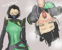 azazelinp blush bob_cut cum dark_hair facefuck facial flushed flustered fully_clothed green_eyes messy saliva saliva_drip saliva_trail short_hair spit spit_trail valorant viper_(valorant)