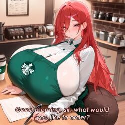 1girls 2025 ai_generated barista big_breasts breast_expansion breast_focus breasts_bigger_than_head breasts_out breasts_out_of_clothes clothed clothed_female comic dialogue expansion expansion_sequence female gigantic_breasts huge_breasts job lactation light_skin light_skinned_female red_hair red_hair_female talking_to_another work_uniform