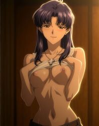 ai_generated bangs bare_shoulders blush breasts brown_eyes exposed_breasts female female_only long_hair looking_at_viewer misato_katsuragi necklace neon_genesis_evangelion nipples no_bra parted_bangs pendant purple_hair smile solo standing