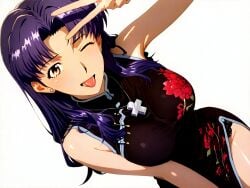 bangs bare_shoulders blush breasts brown_eyes china_dress chinadress crotch_lines female female_only long_hair looking_at_viewer misato_katsuragi necklace neon_genesis_evangelion parted_bangs pendant purple_hair smile solo