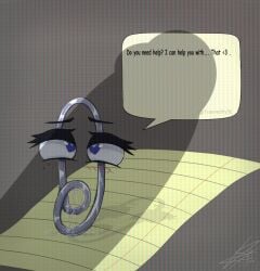 animate_inanimate aroused asking_a_question asking_for_it asking_viewer big_penis black_text blush blush clippy dialogue embarassed english_text flustered grey_body horny inanimate_object living_object mascot microsoft microsoft_windows non-human office_assistant paper paper_background paperclip penis trasnedity