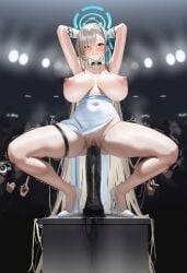 1girl ai_generated arms_behind_head asuna_(blue_archive) blue_archive blush camera clenched_teeth collar crowd dress embarrassed exhibitionism exposed_breasts female female_masturbation high_heels humiliation large_breasts masturbation nervous nipples open_mouth podium pussy pussy_juice pussy_juice_puddle riding_dildo solo_female spread_legs squatting squatting_on_dildo sweat sweating thigh_strap trembling vaginal_penetration wavy_mouth