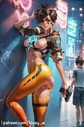1boy 1girls after_sex after_vaginal ai_generated artist_name ass breasts brown_eyes brown_hair chest_harness cum cum_in_pussy cumdrip female goggles gun handgun harness holding holding_gun jacket klexyai lips looking_at_viewer male medium_breasts navel nipples orange_goggles overwatch pants patreon short_hair shorts solo_focus spiked_hair standing tight_pants torn_clothes tracer weapon