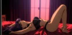 bangs bare_shoulders black_lingerie blush breasts female female_only in_bed lingerie long_hair looking_at_viewer misato_katsuragi necklace neon_genesis_evangelion parted_bangs pendant purple_hair smile solo standing