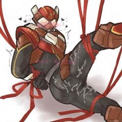1boy armor armored_male arms_behind_back arms_tied_behind_back ass ass_visible_through_clothes belt blush blush_lines blushing_through_mask bodily_fluids bondage chocolate cum cum_on_body cum_on_legs hands_behind_back hanto_karakida heart heart_symbol heavy_breathing helmet kamen_rider kamen_rider_gavv_(series) kamen_rider_valen leg_lift leg_up lying_down male male_focus male_only mask masked masked_male masked_only mmmaao no_visible_face pixiv_id restrained ribbon ribbon_bondage ribbons solo tied_up tremble_lines tremble_spikes trembling watermark