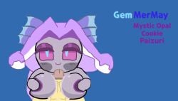 big_breasts blue_pupils caramelpearl_(artist) cookie_run cookie_run_kingdom cute_face grey_skin happy_sex mermaid mermaid_girl mermay mermay2025 mystic_opal_cookie paizuri purple_eyes purple_hair snake_hair tagme titjob