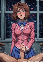 1boy ai_generated anzu_mazaki balls bangs blazer blue_bow blue_bowtie blue_eyes blue_skirt blush bow bowtie breasts brown_hair classroom clothed_female clothed_female_nude_male clothed_sex clothing collared_shirt cowgirl_position cum desk ejaculation erection female genital_fluids hair_intakes handjob heart indoors jacket jousneystudio konami large_breasts large_penis lips lipstick long_sleeves looking_at_viewer makeup male mazaki_anzu medium_breasts miniskirt nakadashi neckwear night night_sky nipples nude nude_male on_top open_mouth penis pink_jacket pleated_skirt saliva school_desk school_uniform semen sex shirt short_hair sitting skirt sky smile solo_focus spread_legs straddling straight sweat tea_gardner teeth testicles text thighs tongue trembling uniform vaginal_penetration veins veiny_penis white_shirt window yu-gi-oh! yu-gi-oh!_duel_monsters