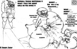 1boy 2girls angry anthro big_hips big_thighs bottom_heavy breasts carmen_verde cartoon_network caught cum dialogue dxoz felid female gumball_watterson huge_hips huge_thighs humanoid hyper hyper_hips hyper_penis hyper_thighs larger_female male missionary_position naked nicole_watterson nipples obese_female on_back penis pubic_hair pussy sex small_breasts smaller_male straight text the_amazing_world_of_gumball thick_thighs traditional_media_(artwork) wide_hips