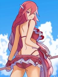 ass bare_shoulders bikini bikini_skirt blue_sky blush breasts cleavage cordelia_(fire_emblem) cordelia_(summer)_(fire_emblem) female fire_emblem fire_emblem_awakening fire_emblem_heroes frills gloves hair_ornament highres long_hair looking_at_viewer medium_breasts nintendo polearm red_bikini red_eyes red_hair shell sky small_breasts smile solo spear swimsuit the_kingduke tommietomm very_long_hair weapon wink